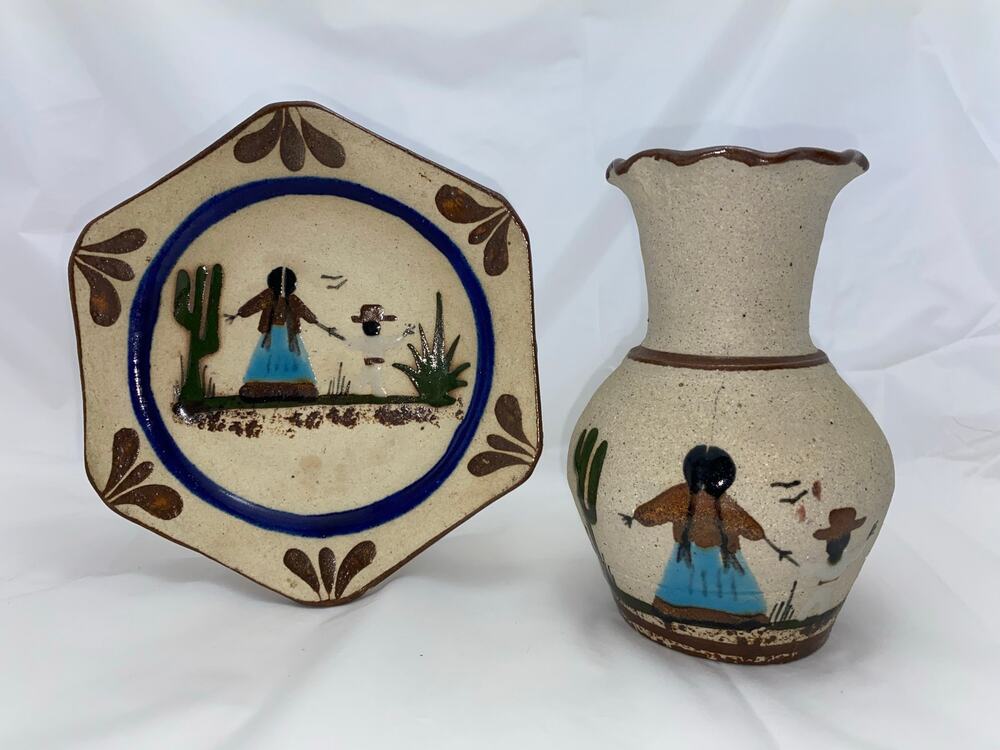 Vintage Hand Painted Ceramic Cactus Vase Plate Set Southwestern Mexican Folk Art